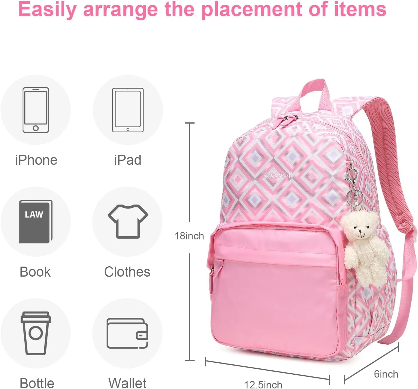 CaranY Girls Backpack for Teens  Lightweight,Waterproof 18-inch School Book Bag with Multiple Pockets,Spacious Design,Cute Bear Plush Toy 30L(Pink Pattern)