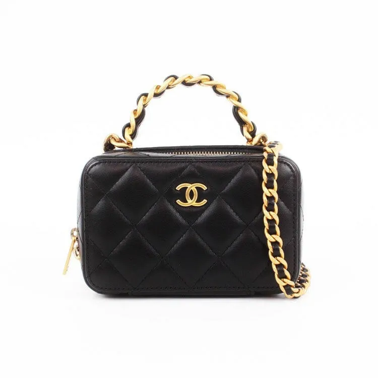 Chanel 22A Black Quilted Leather Crossbody Bag with Gold Chain Handle