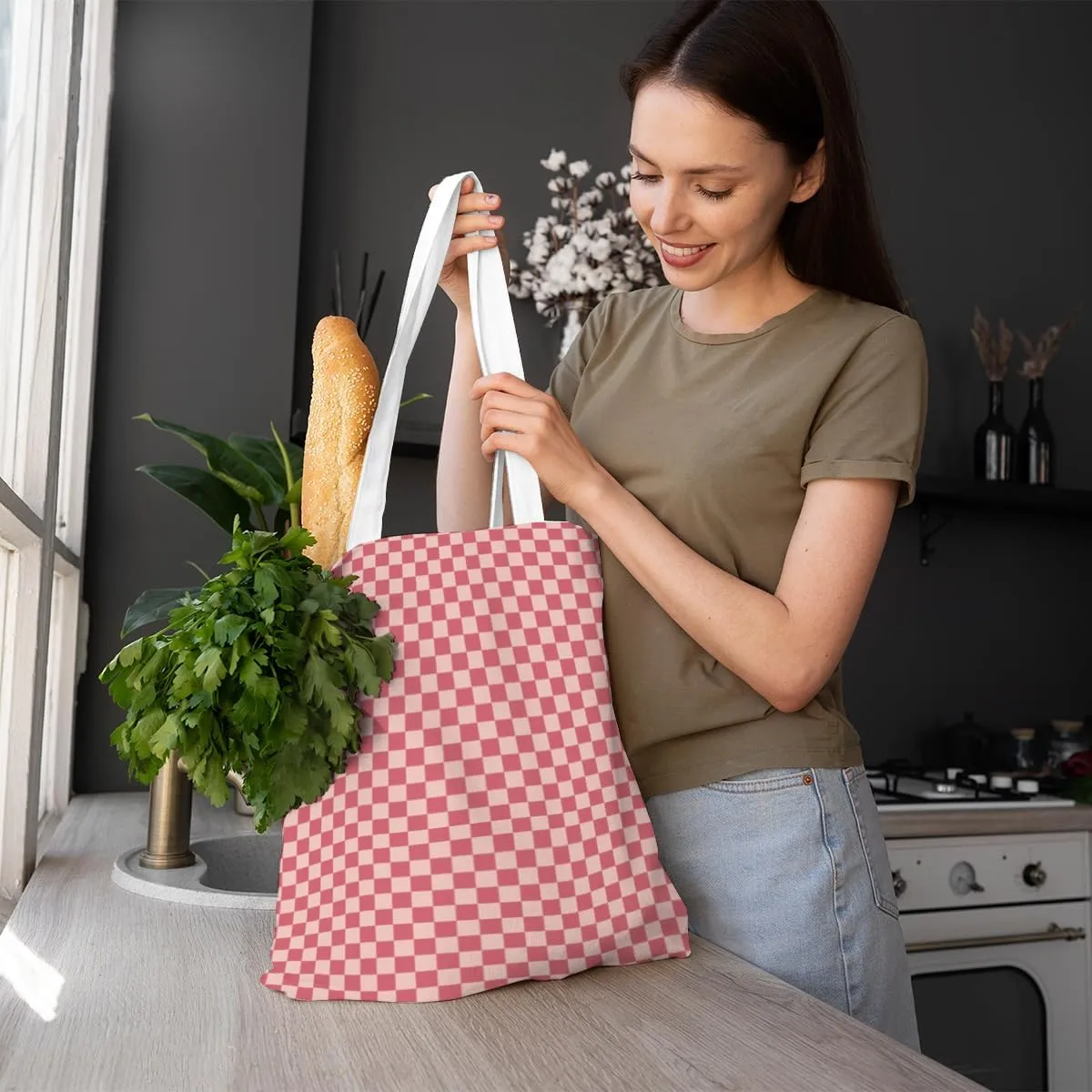 Checkered Tote Bag for Women Girls Friend Sister Vintage Plaid Beach Bag Classic Checkerboard Reusable Grocery Bags