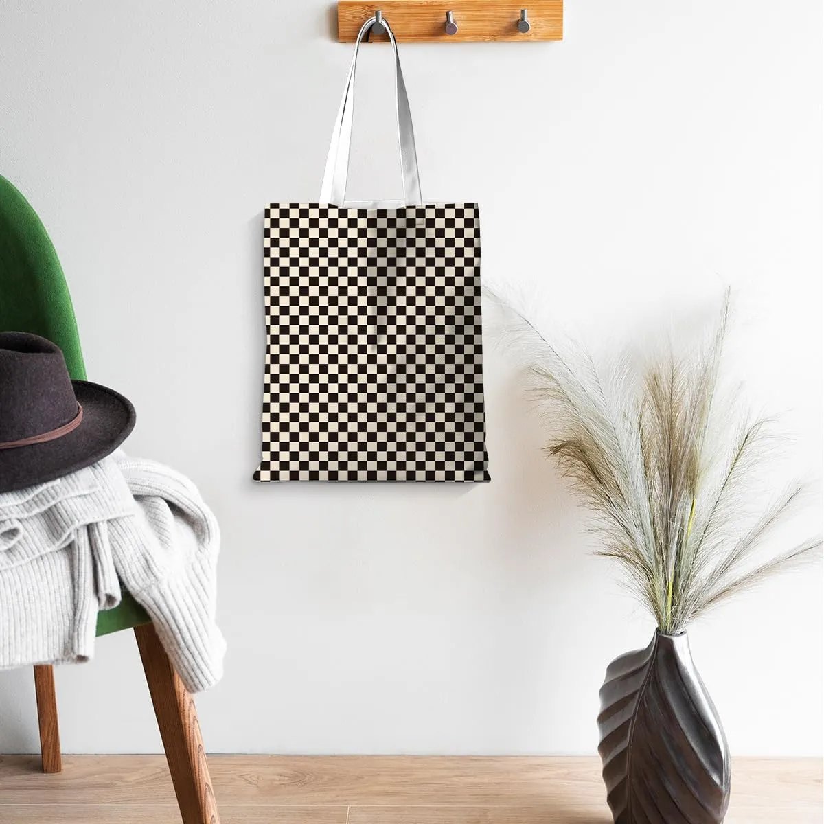 Checkered Tote Bag for Women Girls Friend Sister Vintage Plaid Beach Bag Classic Checkerboard Reusable Grocery Bags