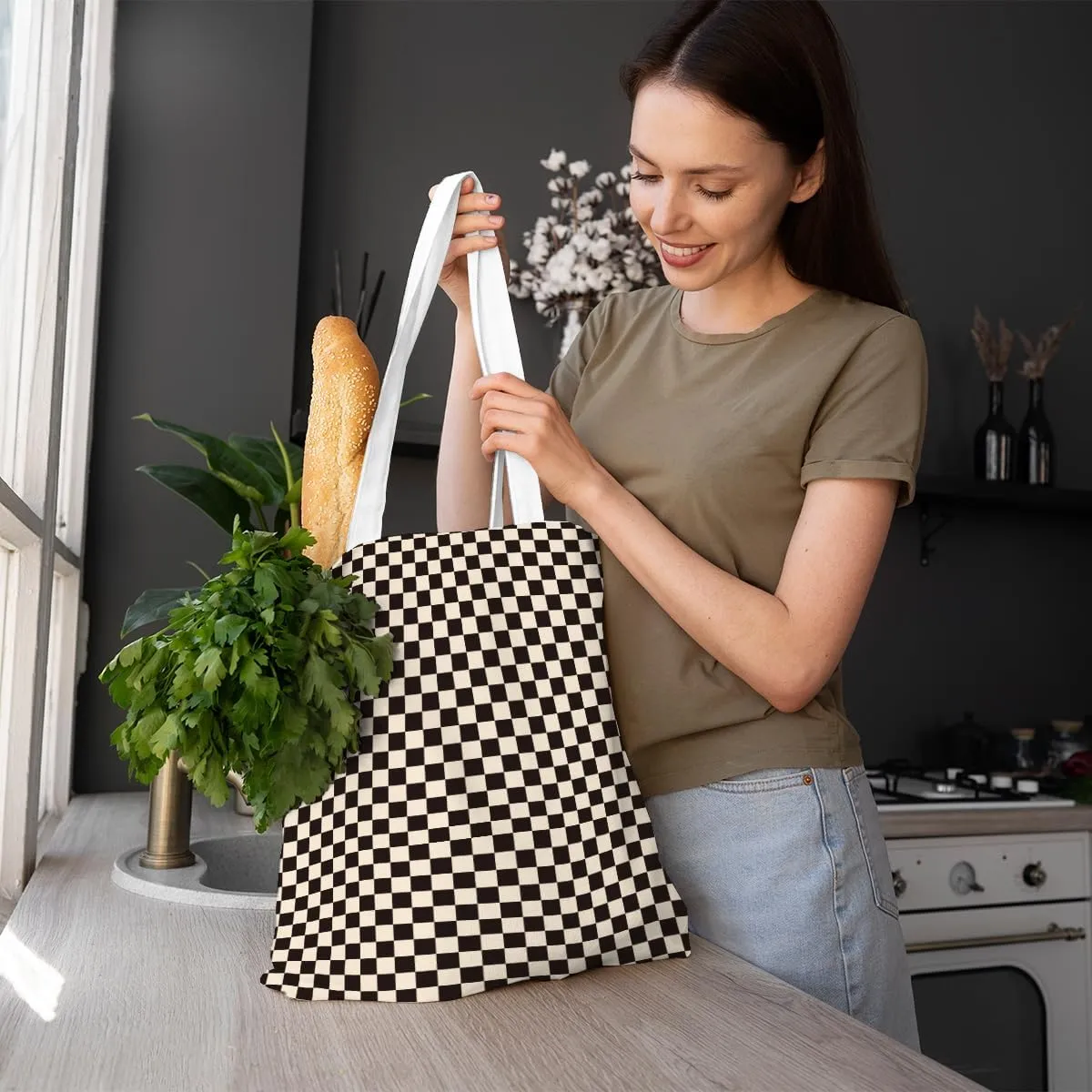 Checkered Tote Bag for Women Girls Friend Sister Vintage Plaid Beach Bag Classic Checkerboard Reusable Grocery Bags