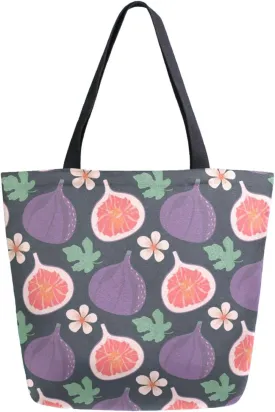 Chic Extra Large Shoulder Grocery Tote Bag, Retro Fig Flowers Leaves Canvas Daily Handle Bag for Gym Yoga Weekender Beach Travel Picnic Kitchen Reusable Market Shopping