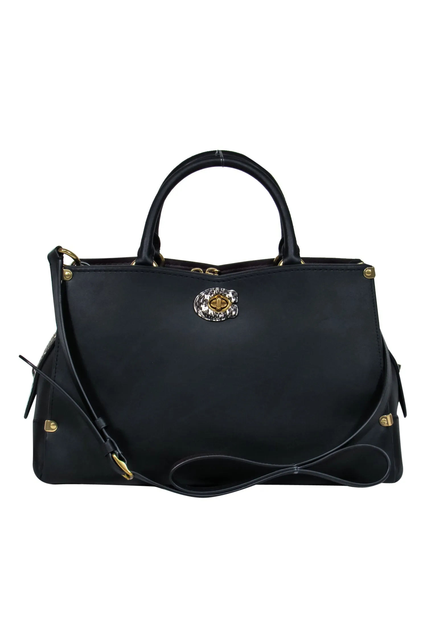 Coach - Black Leather Convertible Structured "Mason" Satchel w/ Snakeskin Trim