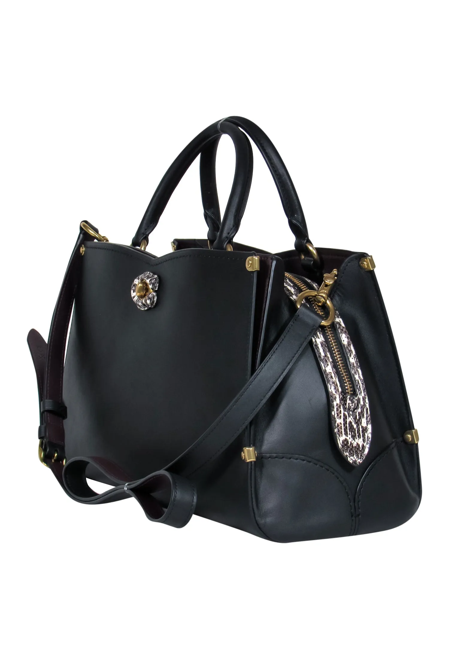 Coach - Black Leather Convertible Structured "Mason" Satchel w/ Snakeskin Trim
