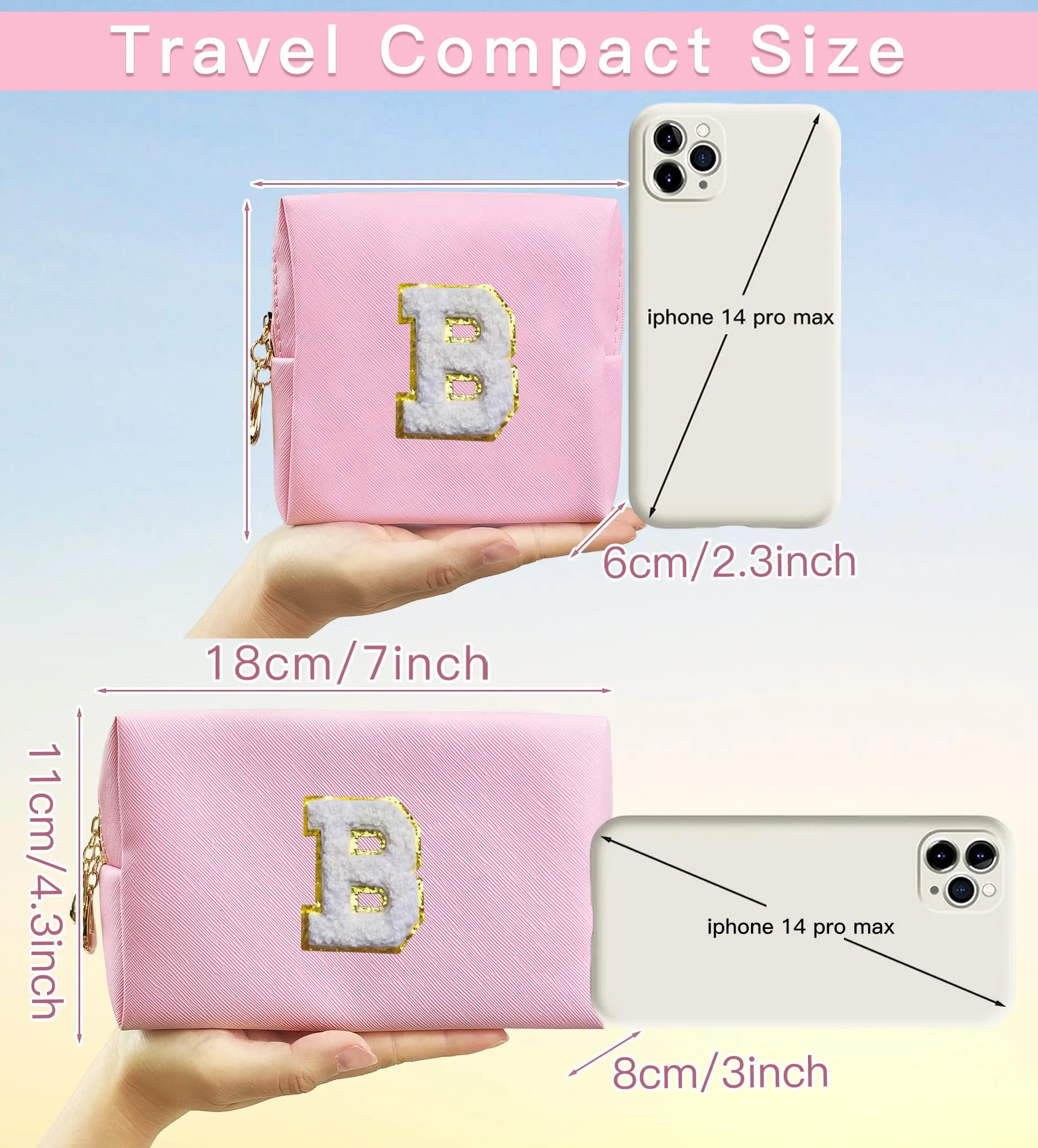 COSHAYSOO 2 Pieces Initial Makeup Bag Small Cosmetic Period Pouch Sanitary Napkin Storage PU Leather Puffy Letter Patch for Teen Girl Friend Bridal Shower Bride Wedding Team Bridesmaid Gift Pink B