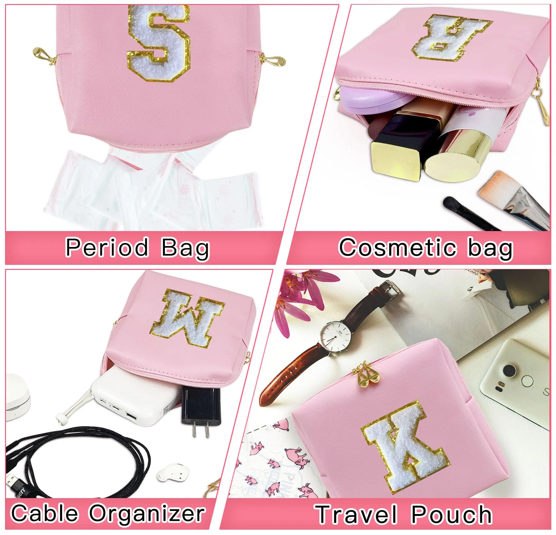 COSHAYSOO 2Pcs Initial Letter Makeup Bag Small Small Cosmetic Period Pouch Sanitary Napkin Cable Toiletry Skincare Travel Accessory Preppy Traveling Make Up Set for Travelers Trip Gift Pink R