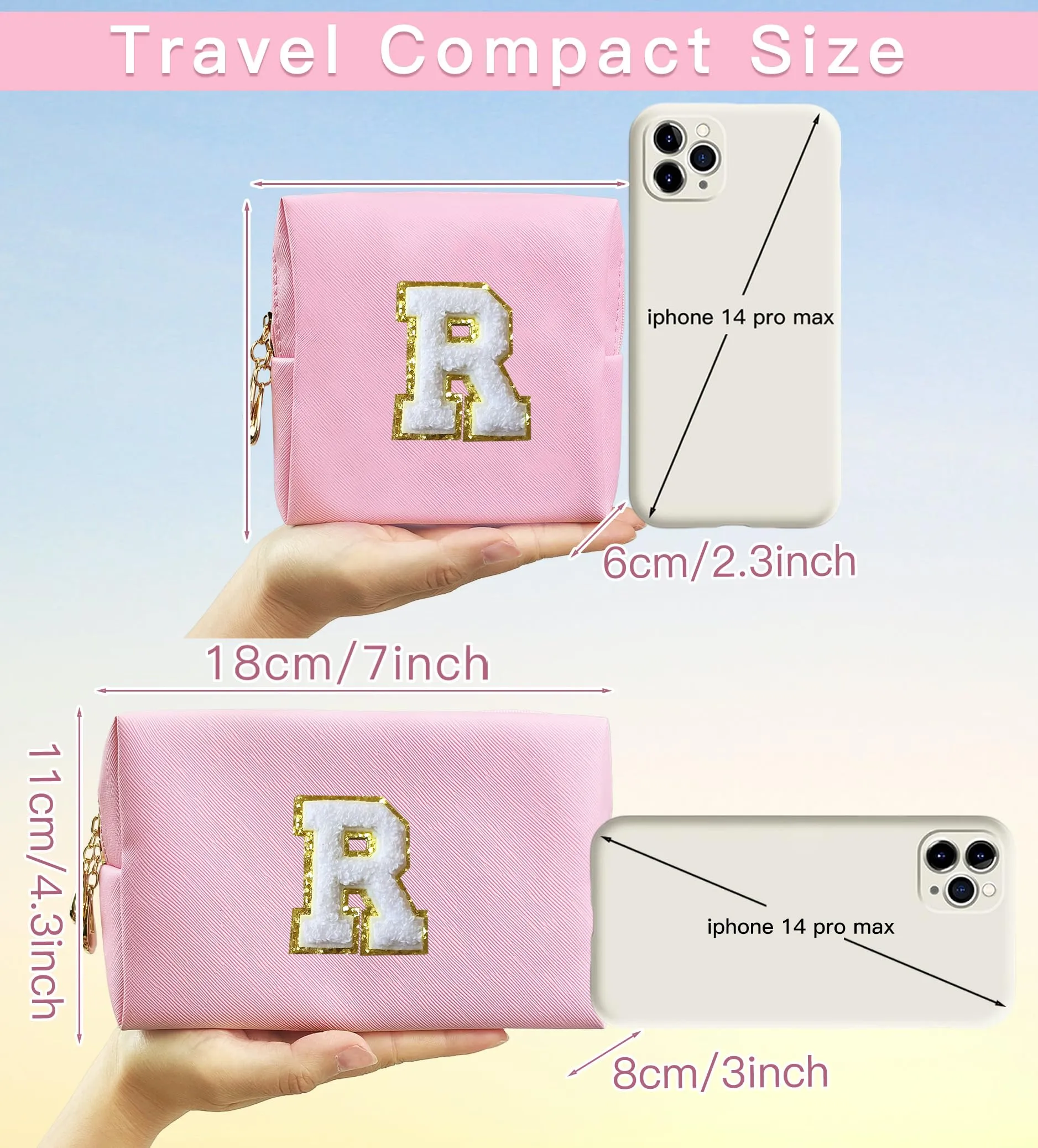 COSHAYSOO 2Pcs Initial Letter Makeup Bag Small Small Cosmetic Period Pouch Sanitary Napkin Cable Toiletry Skincare Travel Accessory Preppy Traveling Make Up Set for Travelers Trip Gift Pink R