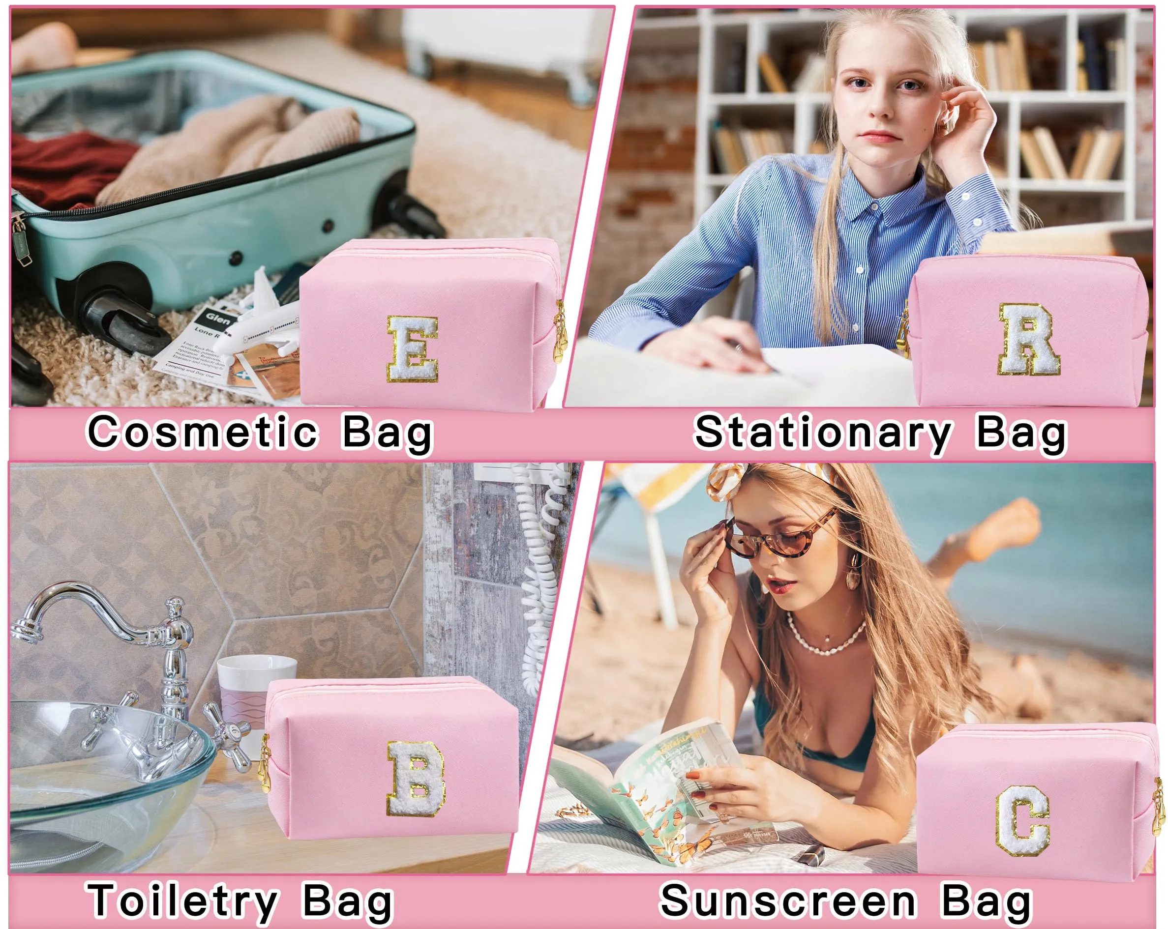 COSHAYSOO 2Pcs Initial Letter Makeup Bag Small Small Cosmetic Period Pouch Sanitary Napkin Cable Toiletry Skincare Travel Accessory Preppy Traveling Make Up Set for Travelers Trip Gift Pink R