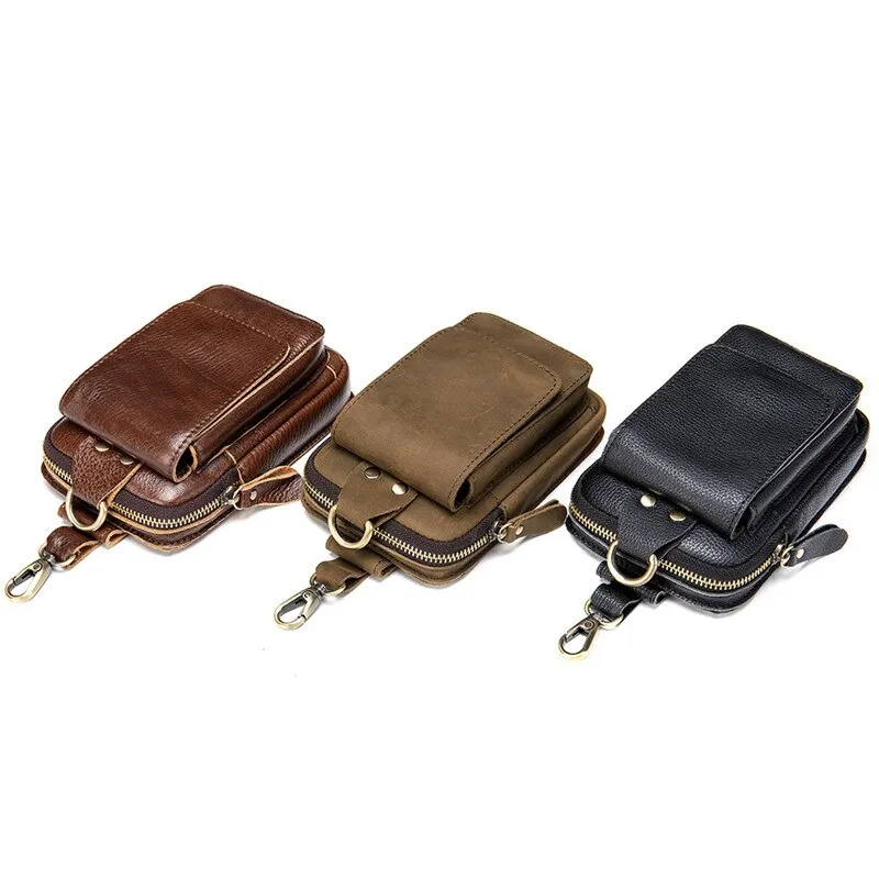 Crazy Horse Leather Waist Packs Belt Phone Bag