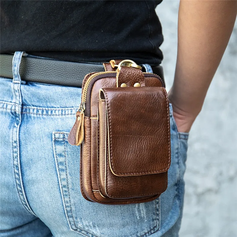 Crazy Horse Leather Waist Packs Belt Phone Bag