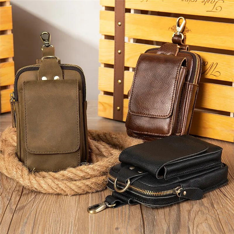 Crazy Horse Leather Waist Packs Belt Phone Bag