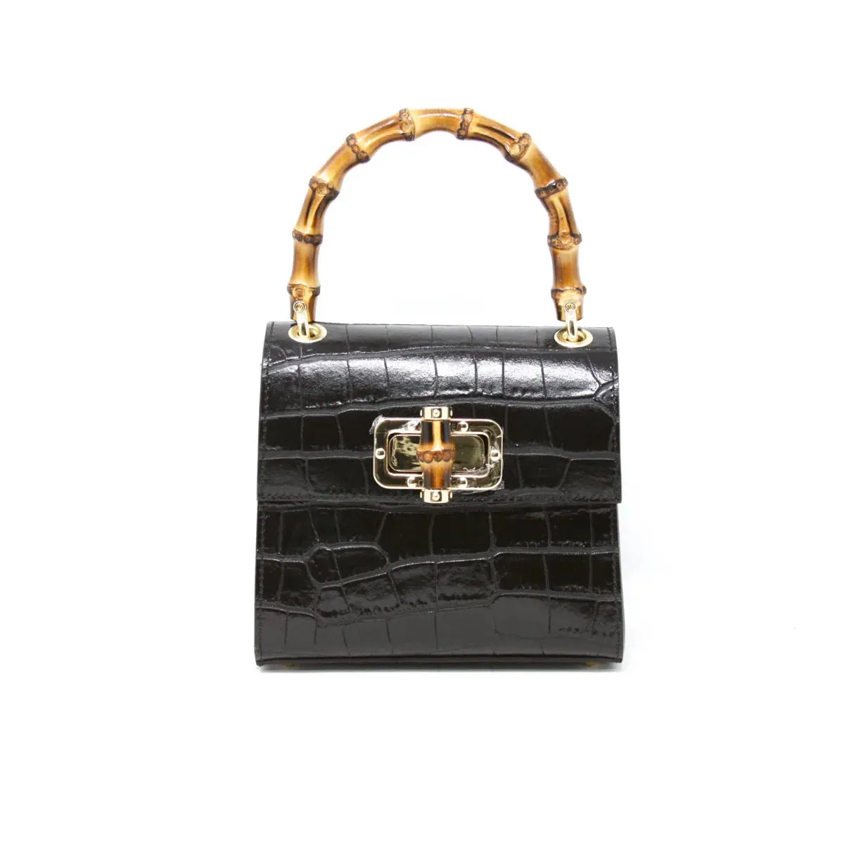 Croc-Embossed Leather Handbag with Bamboo Handle