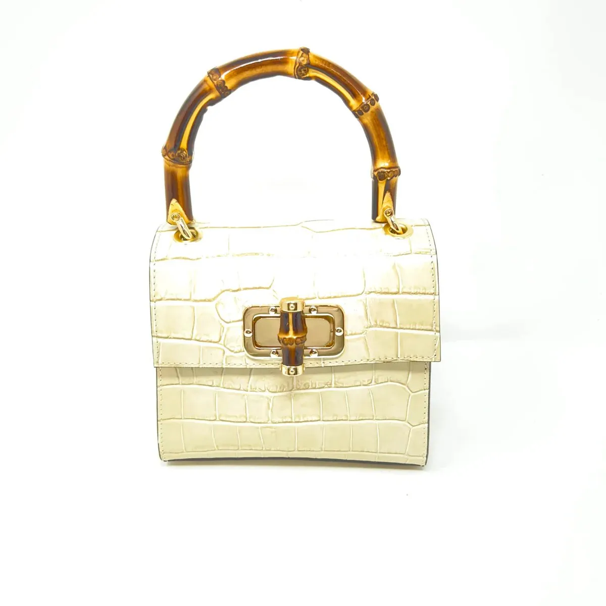 Croc-Embossed Leather Handbag with Bamboo Handle