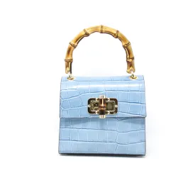 Croc-Embossed Leather Handbag with Bamboo Handle