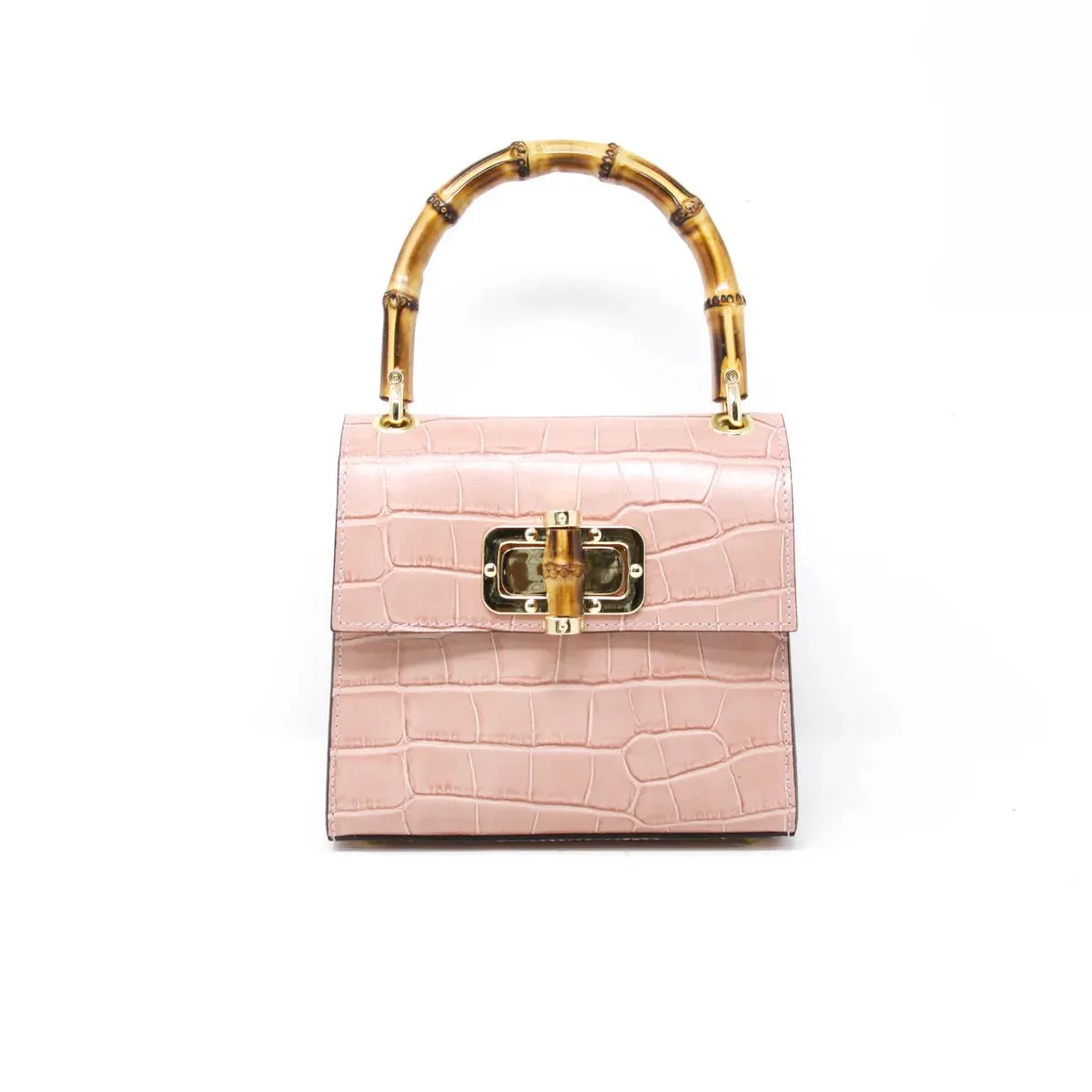 Croc-Embossed Leather Handbag with Bamboo Handle