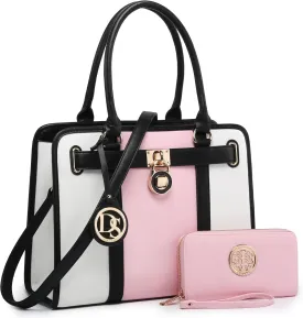 Dasein Two Tone Satchel Handbags Purses for Women Vegan Leather Shoulder Bags Large Tote Bag with Matching Wallet