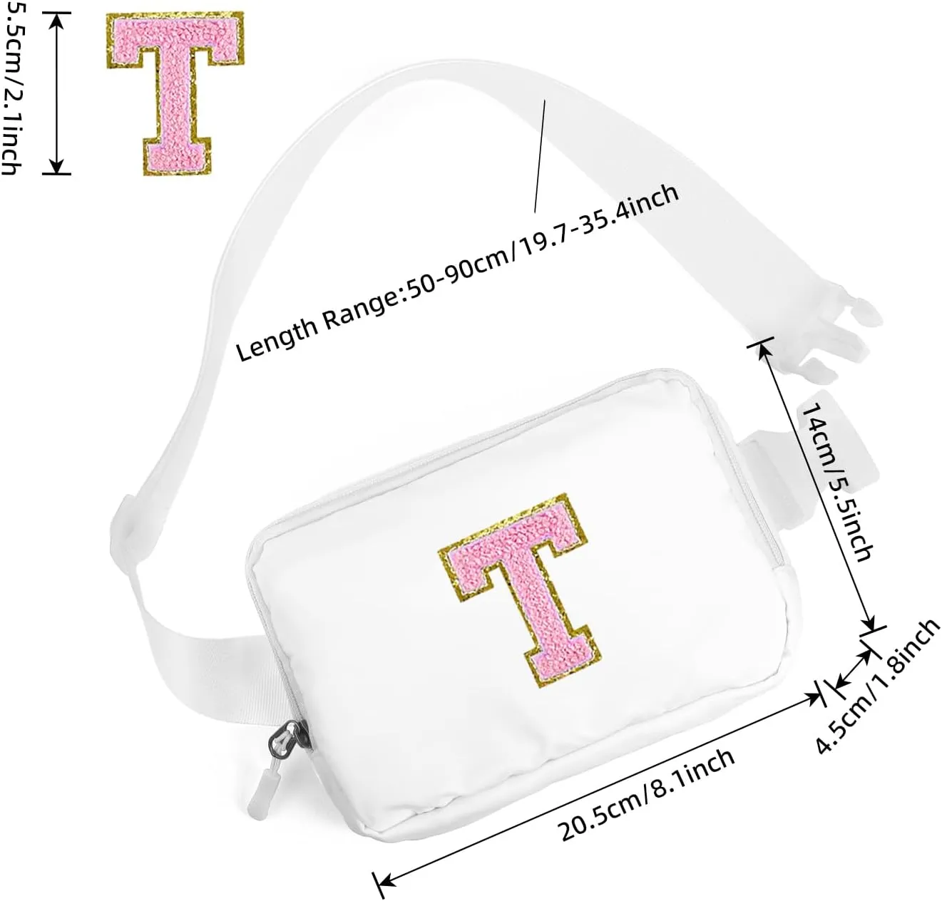 Didida Small Fanny Pack Belt Bag with Initial Chenille Letter Patch,Adjustable Strap,Nylon Cross Body Travel Chest Pouch Trendy Birthday Christmas Gift,Workout Running Traveling Hiking White(T)