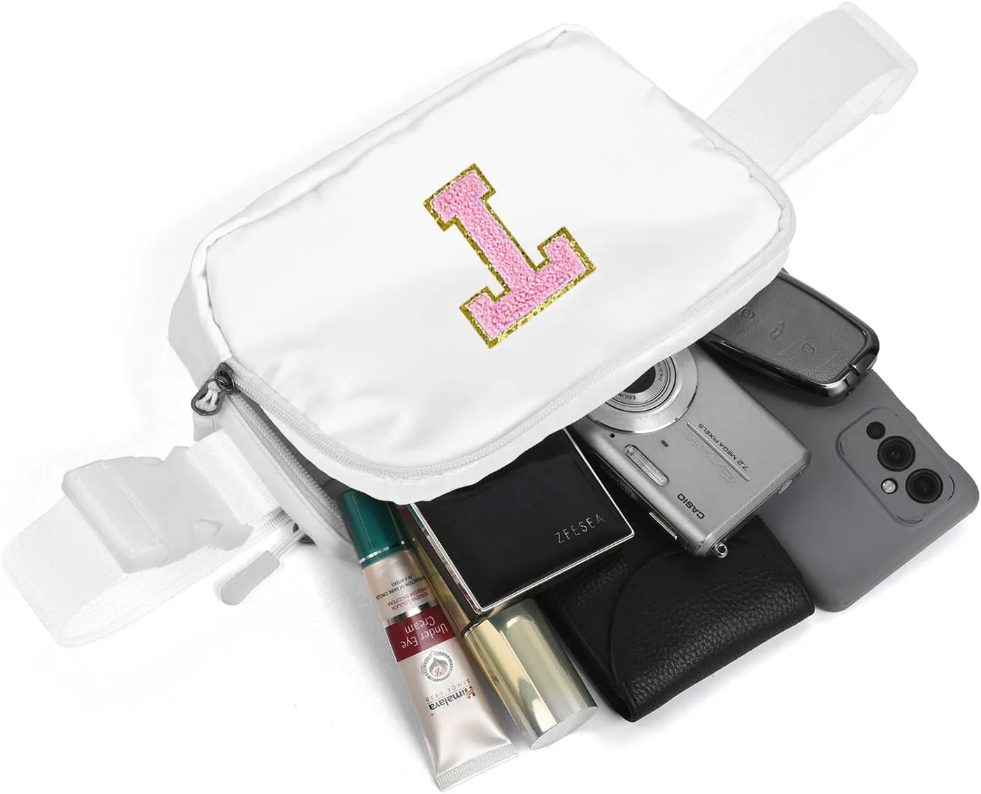Didida Small Fanny Pack Belt Bag with Initial Chenille Letter Patch,Adjustable Strap,Nylon Cross Body Travel Chest Pouch Trendy Birthday Christmas Gift,Workout Running Traveling Hiking White(T)