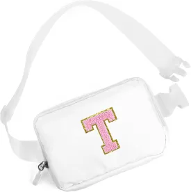 Didida Small Fanny Pack Belt Bag with Initial Chenille Letter Patch,Adjustable Strap,Nylon Cross Body Travel Chest Pouch Trendy Birthday Christmas Gift,Workout Running Traveling Hiking White(T)