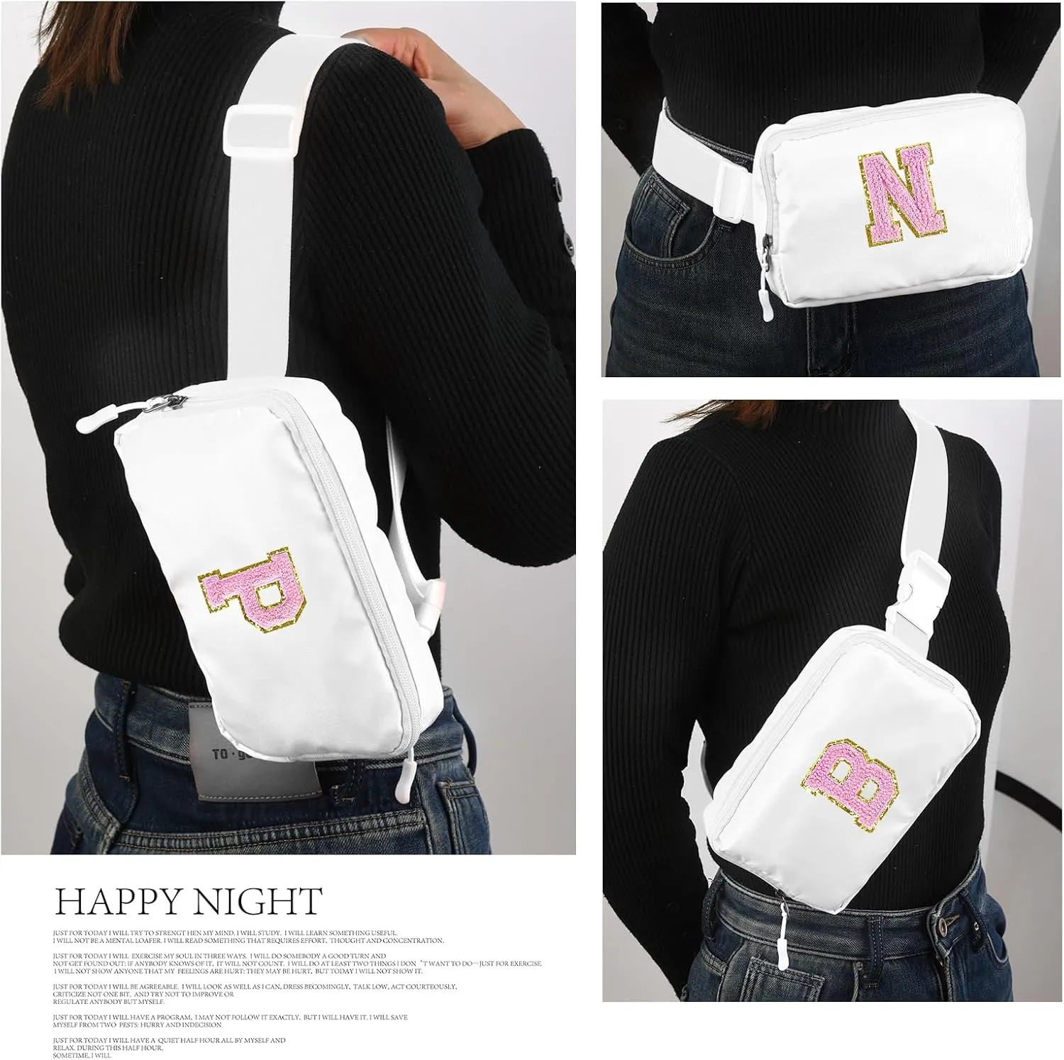Didida Small Fanny Pack Belt Bag with Initial Chenille Letter Patch,Adjustable Strap,Nylon Cross Body Travel Chest Pouch Trendy Birthday Christmas Gift,Workout Running Traveling Hiking White(T)