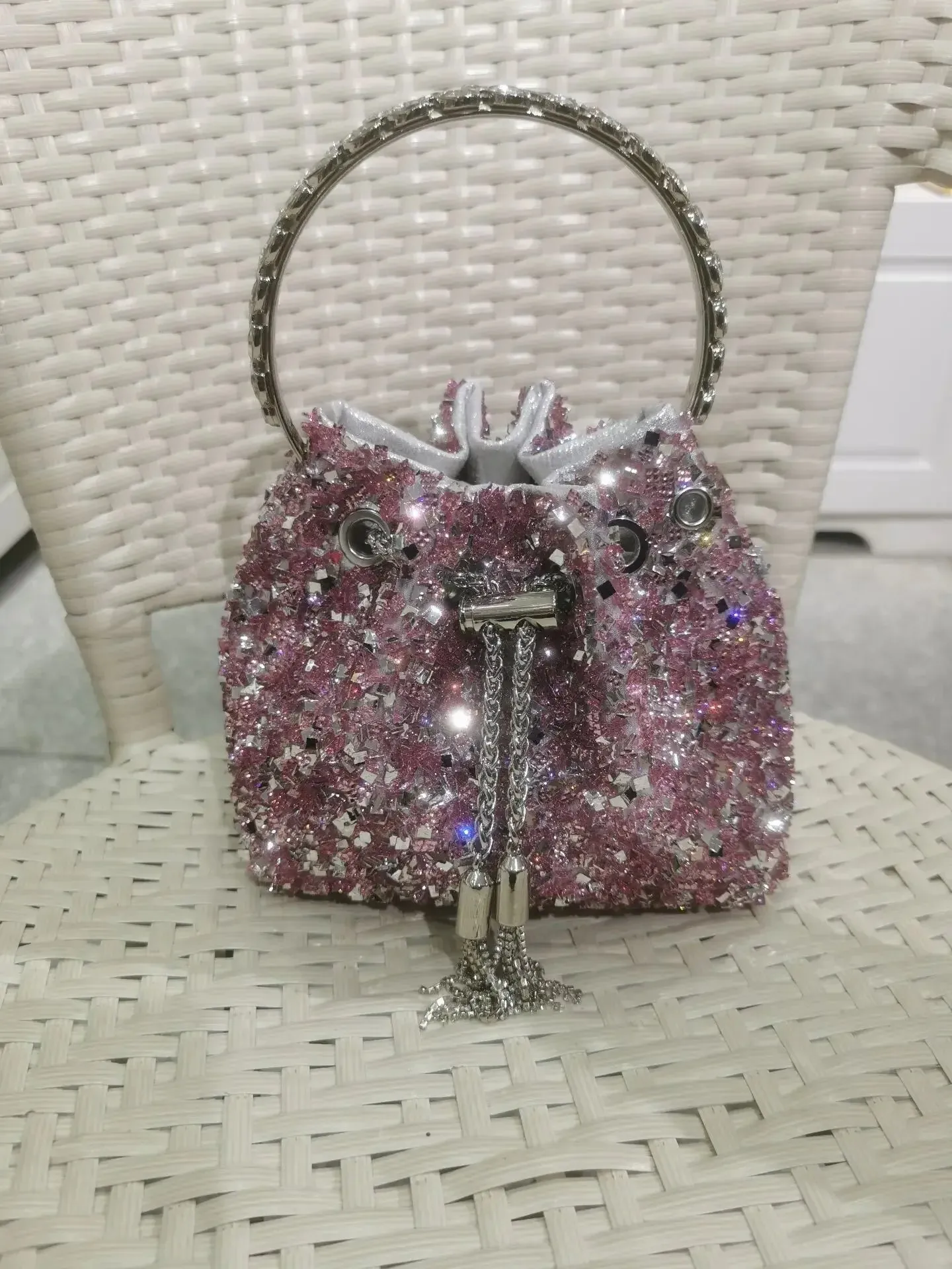 Elegant Women's Fashion Bucket Bag with Sparkling Diamond Embroidery - Hard Shell Shoulder Purse