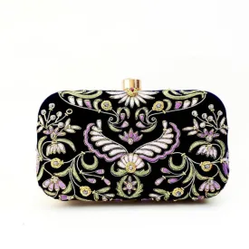 Embroidered Wings of Isis Navy Blue Velvet Box Clutch with Ruby and Chalcedony