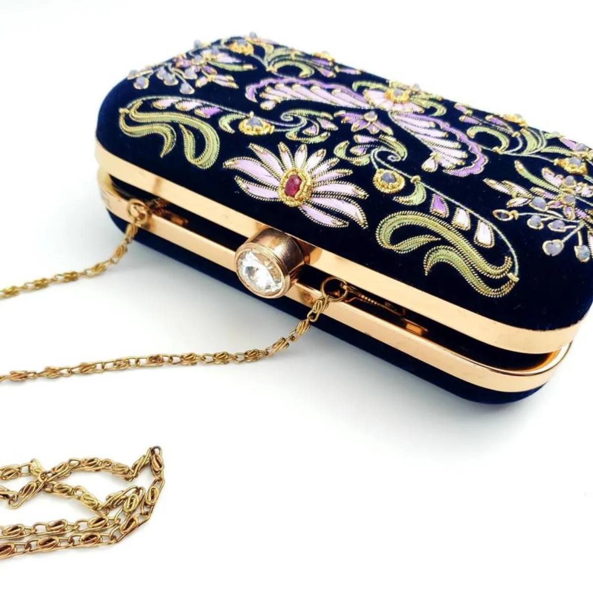 Embroidered Wings of Isis Navy Blue Velvet Box Clutch with Ruby and Chalcedony