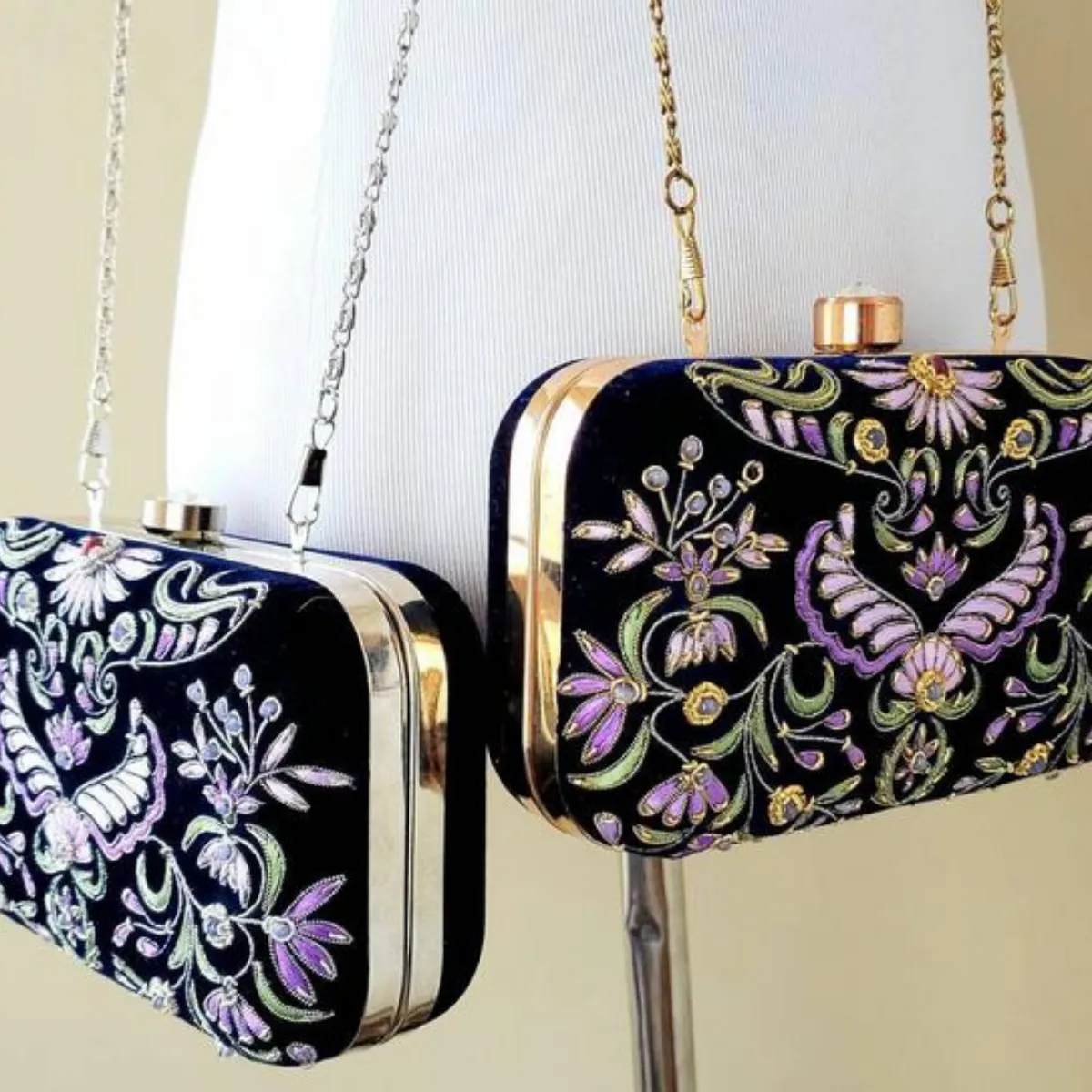 Embroidered Wings of Isis Navy Blue Velvet Box Clutch with Ruby and Chalcedony