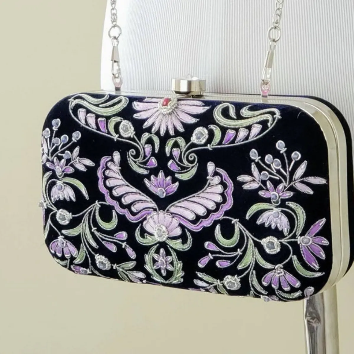 Embroidered Wings of Isis Navy Blue Velvet Box Clutch with Ruby and Chalcedony