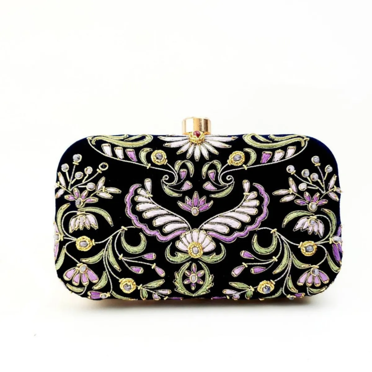 Embroidered Wings of Isis Navy Blue Velvet Box Clutch with Ruby and Chalcedony