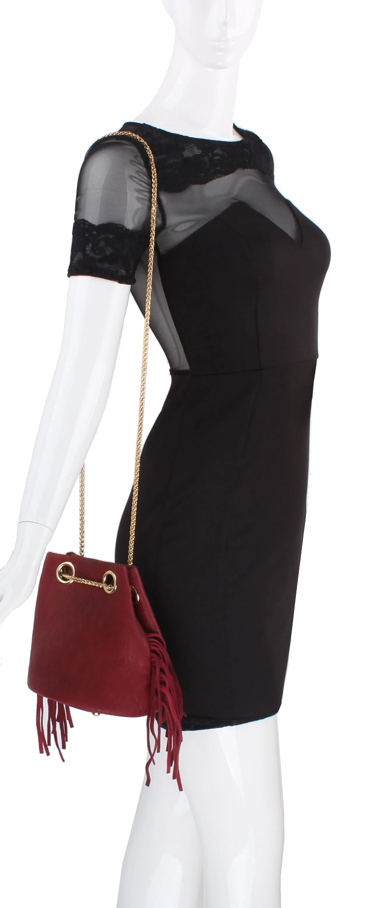 Evelyn Faux Leather Gold Chain Wrap Bucket Crossbody