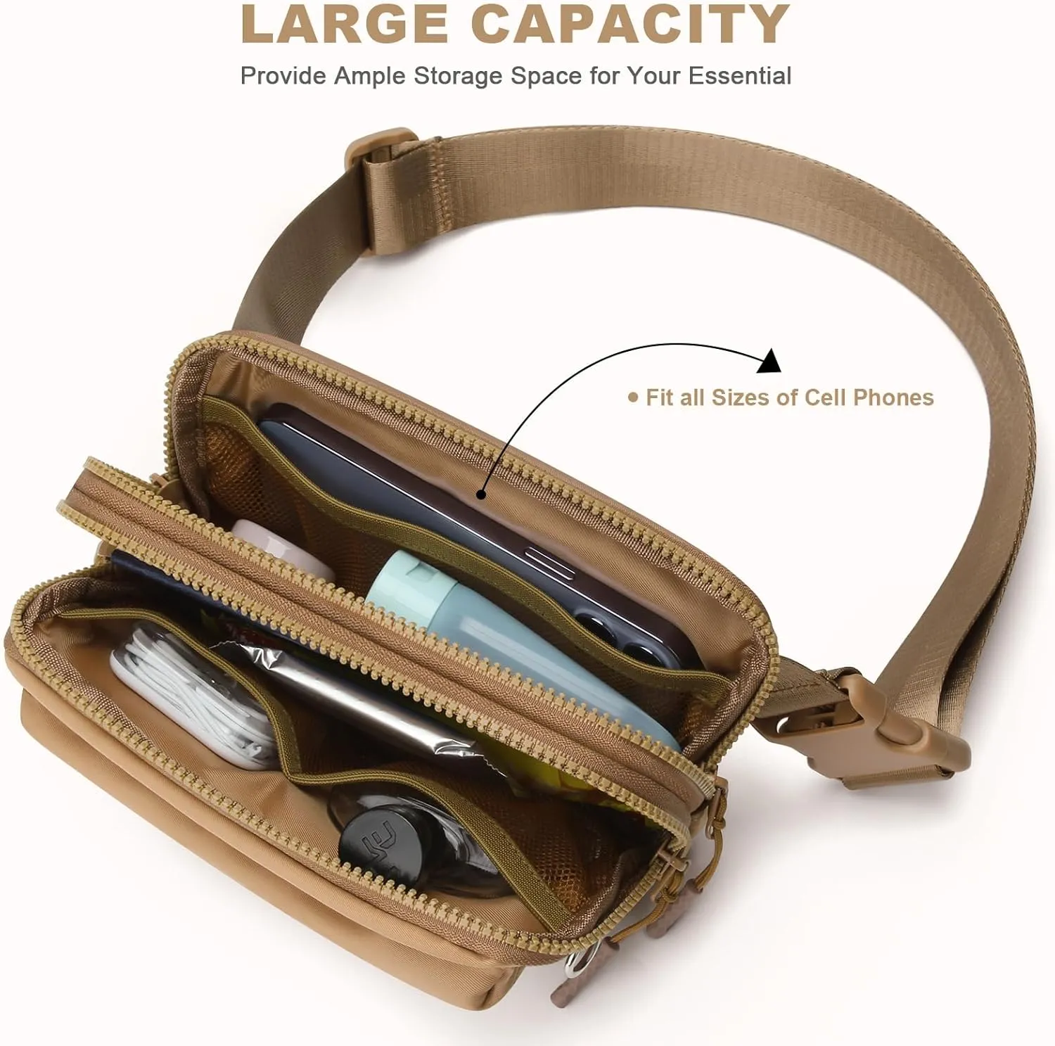 Fanny Packs for Women Men,Belt Bag with 4 Zipper Pockets,Waterproof Crossbody Bag,Fashion Waist Packs with Adjustable Long Strap for Workout/Running/Yoga/Shopping/Hiking,Brown