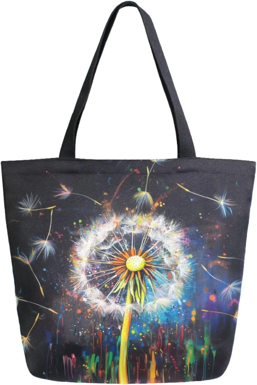 Fashion Extra Large Shoulder Grocery Tote Bag, Art Painting Dandelion Black Canvas Durable Daily Weekender Handle Bag for Gym Picnic Yoga Beach Travel Kitchen Market Grocery Shopping