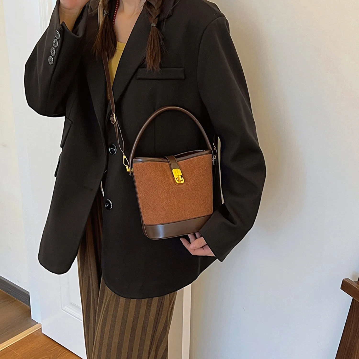 Faux Leather Bucket Crossbody Bag