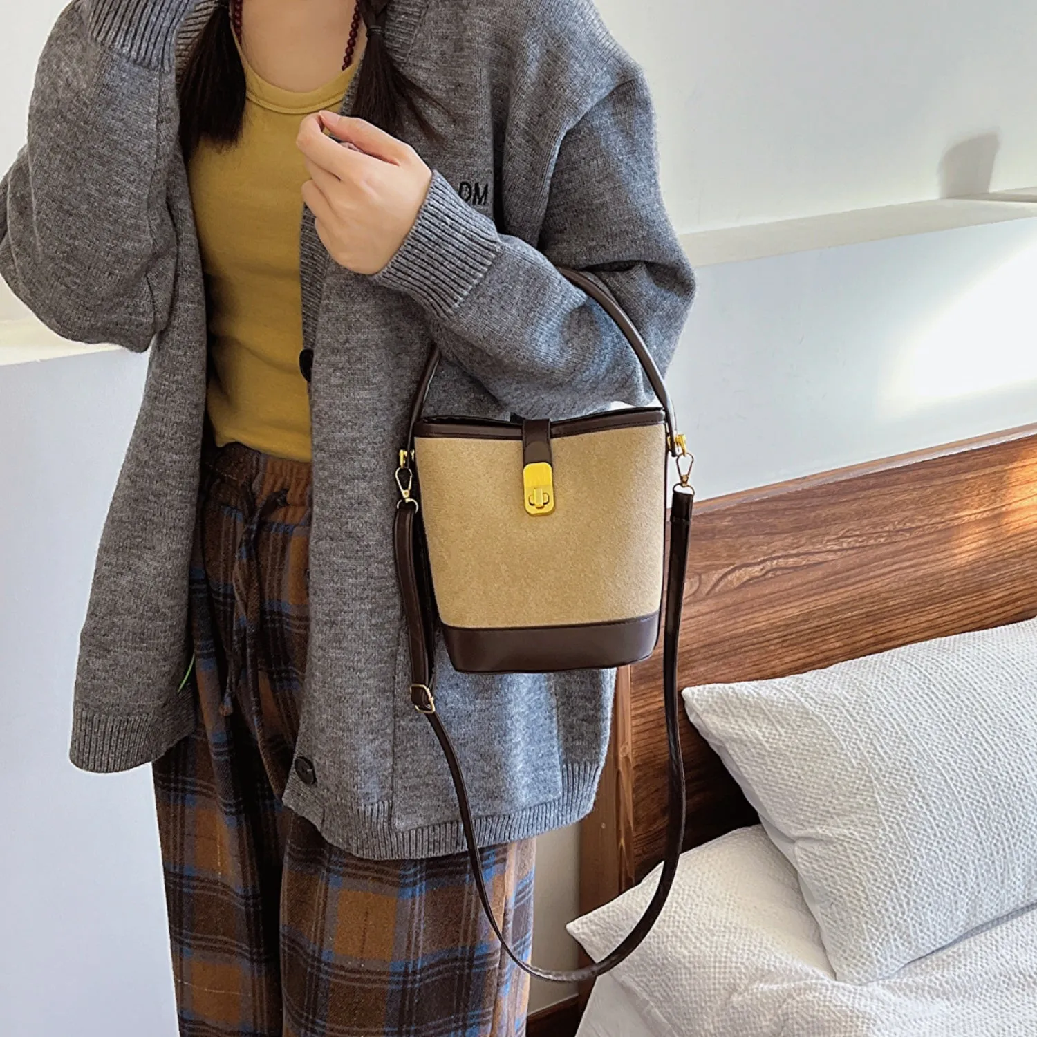 Faux Leather Bucket Crossbody Bag