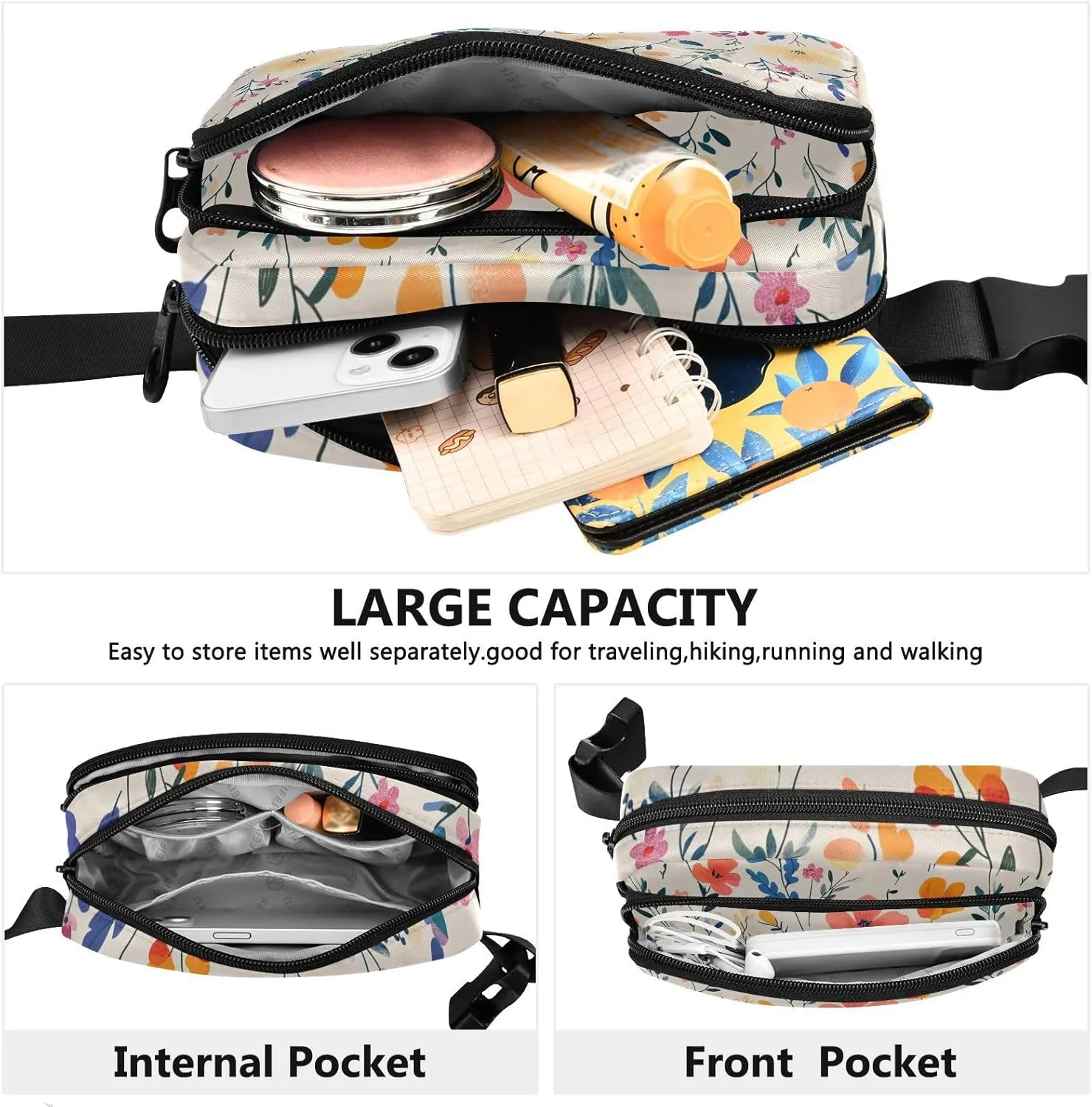 Flowers Portulaca Grandiflora Freesia Beige Stylish Fanny Pack Waist Bag for Women Men Water Resistant Zipper Fanny Pack Sling Bag with Adjustable Strap for Travel Gym Work
