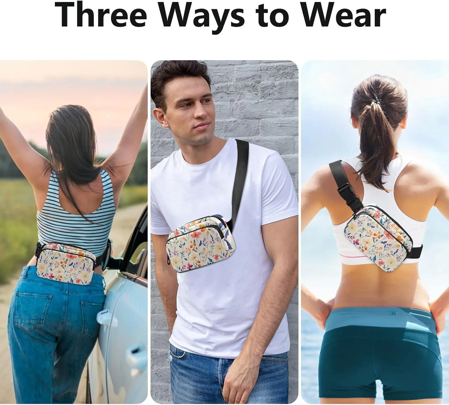 Flowers Portulaca Grandiflora Freesia Beige Stylish Fanny Pack Waist Bag for Women Men Water Resistant Zipper Fanny Pack Sling Bag with Adjustable Strap for Travel Gym Work