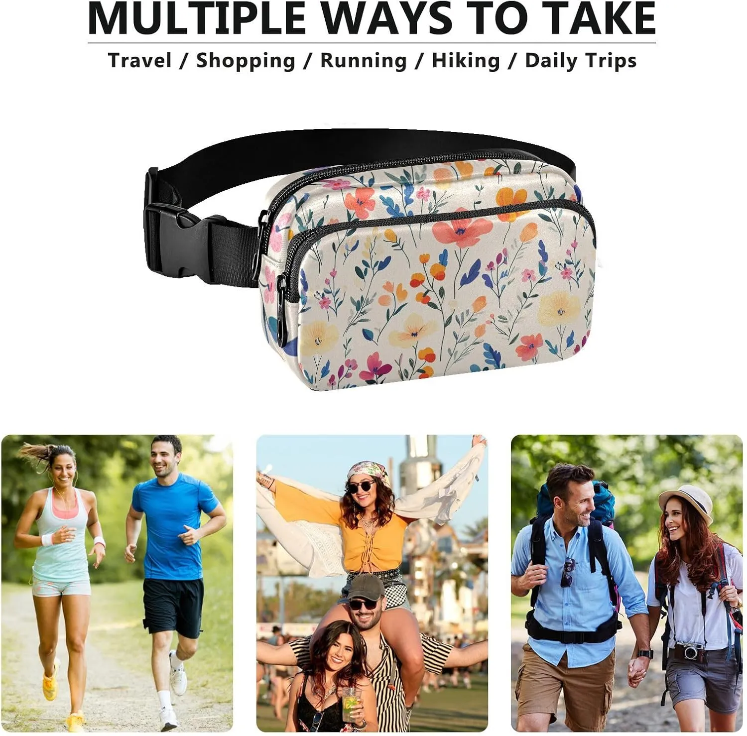 Flowers Portulaca Grandiflora Freesia Beige Stylish Fanny Pack Waist Bag for Women Men Water Resistant Zipper Fanny Pack Sling Bag with Adjustable Strap for Travel Gym Work