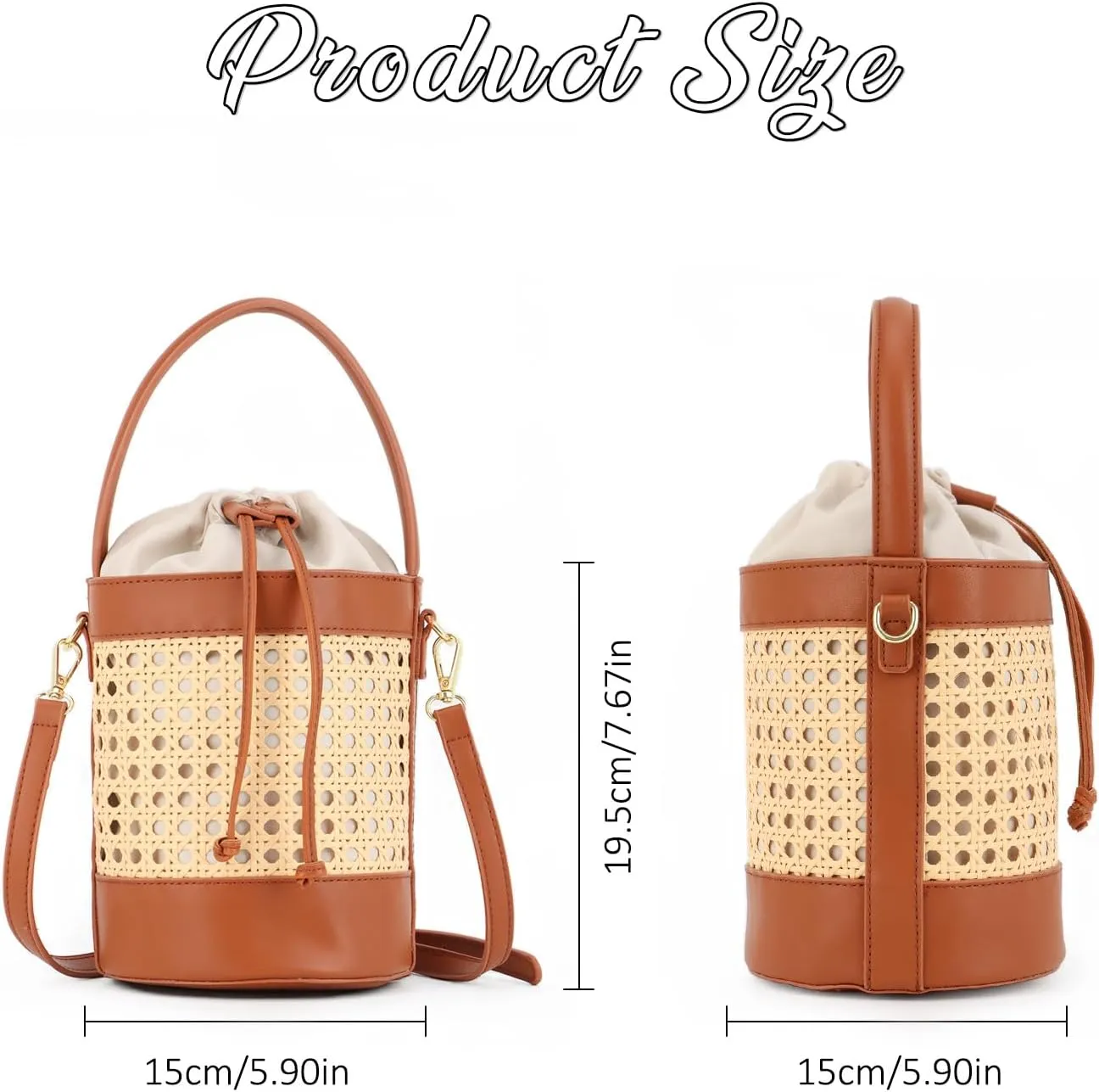 GOKTOW Rattan Purse Bucket Bag for Women,Straw Beach Bucket Tote Bag Summer Vacation Holiday 2024