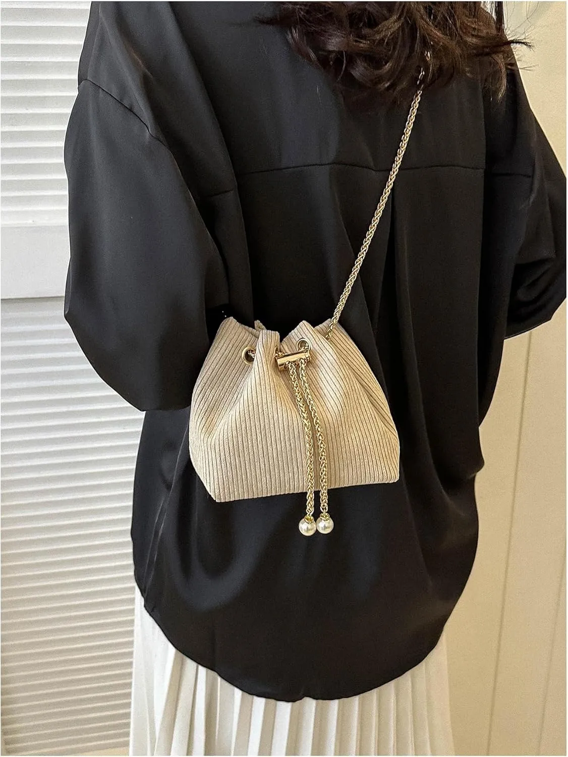 GORGLITTER Women's Pearl Decor Drawstring Crossbody Bag Chain Mini Bucket Handbags