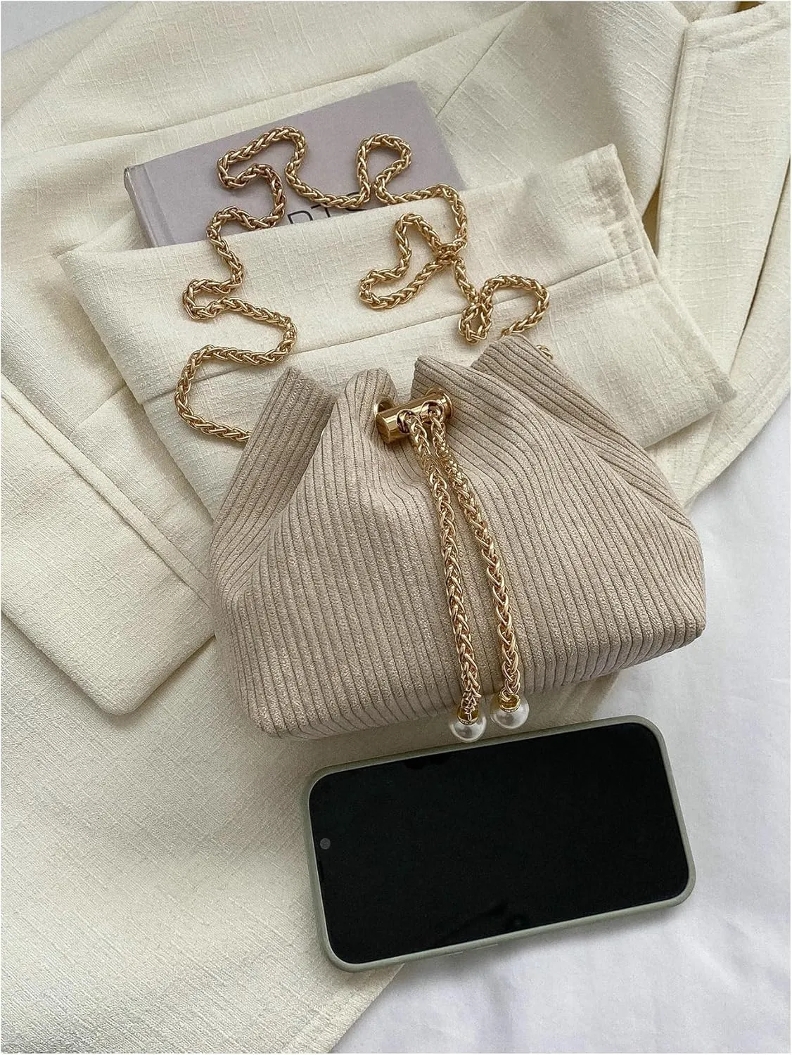 GORGLITTER Women's Pearl Decor Drawstring Crossbody Bag Chain Mini Bucket Handbags