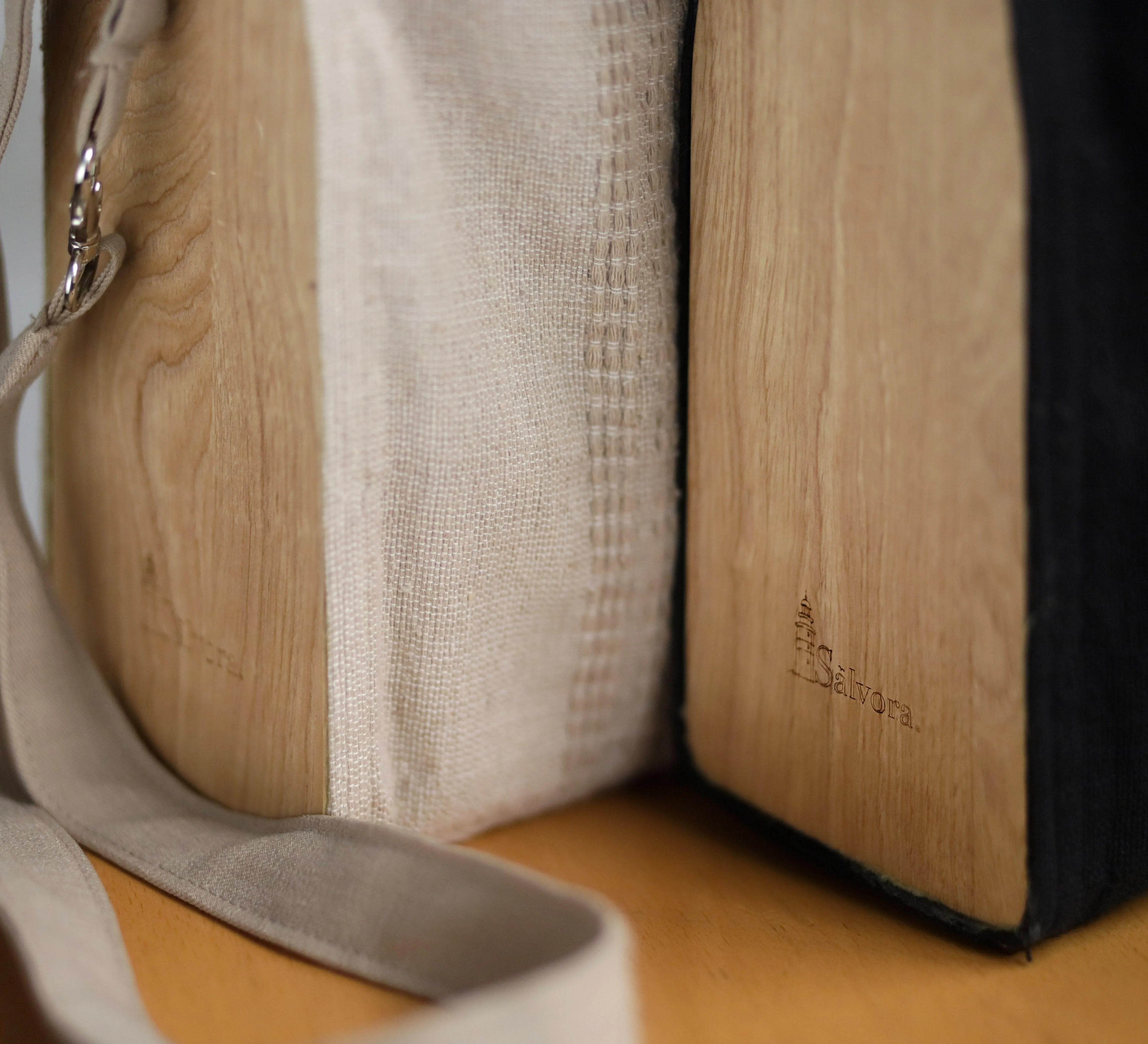 Handcrafted loom bags with vintage exotic wood. Handicraft tote bag from mexican master weaver and vintage recovered exotic wood
