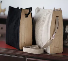 Handcrafted loom bags with vintage exotic wood. Handicraft tote bag from mexican master weaver and vintage recovered exotic wood
