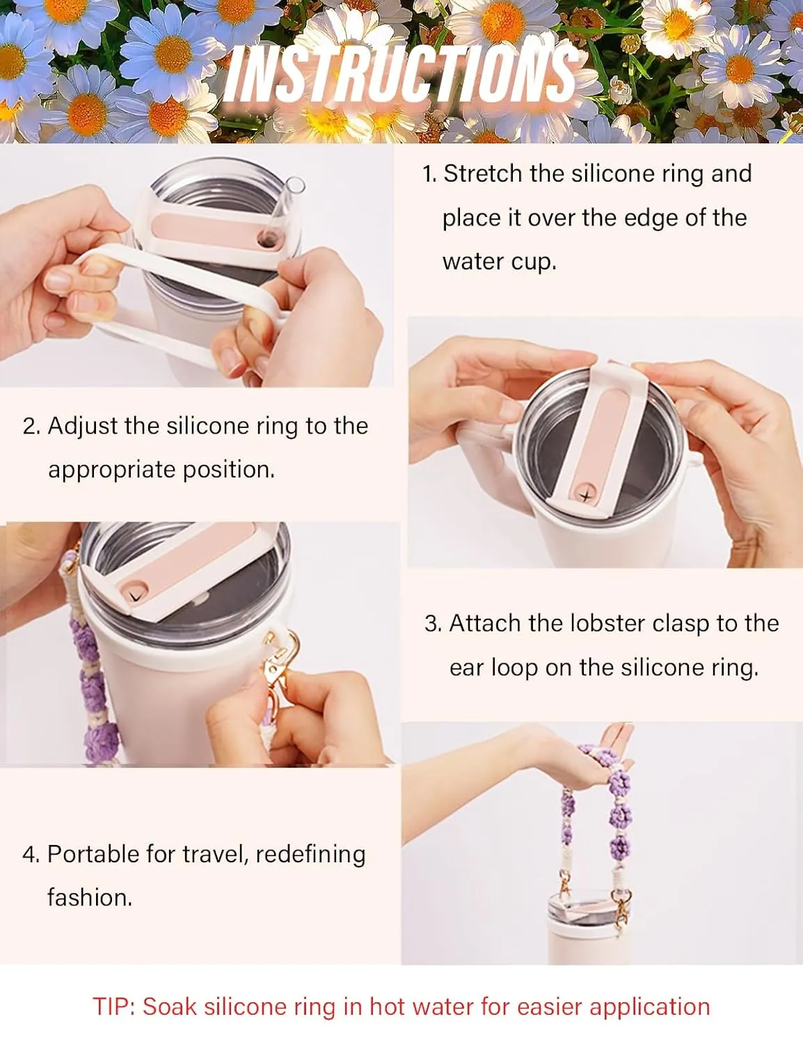 Handmade Stanley Cup Accessories Set Water Bottle Handle Strap, Stanley Charms for Stanley Cup 40oz & 30oz Tumbler Handle of the handbag (White with Lipstick Holder Bag)