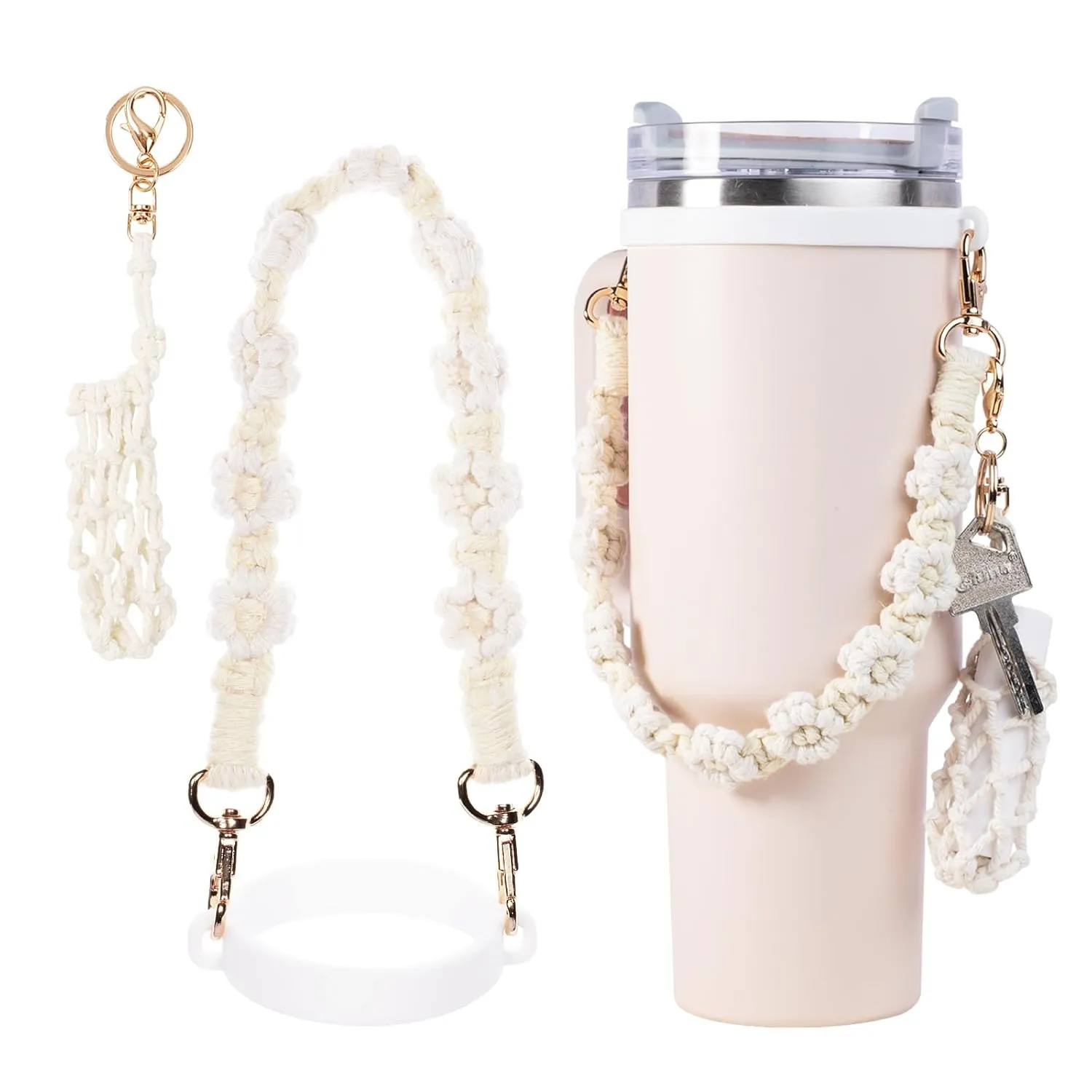 Handmade Stanley Cup Accessories Set Water Bottle Handle Strap, Stanley Charms for Stanley Cup 40oz & 30oz Tumbler Handle of the handbag (White with Lipstick Holder Bag)