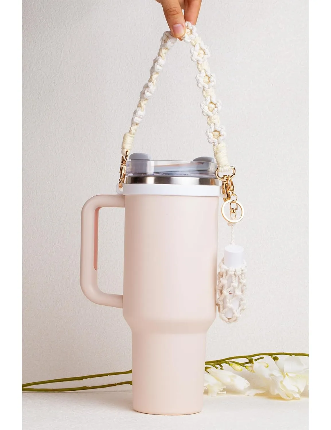 Handmade Stanley Cup Accessories Set Water Bottle Handle Strap, Stanley Charms for Stanley Cup 40oz & 30oz Tumbler Handle of the handbag (White with Lipstick Holder Bag)