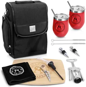 Happy Grapes Wine Tote Bag Set - Insulated Wine Carrier with 2 Stainless Steel Tumblers, Aerator, Charcuterie Board & Knife, Bottle Stoppers, Opener & Wash Cloth - for Picnics Beach Patio Pool Camp r