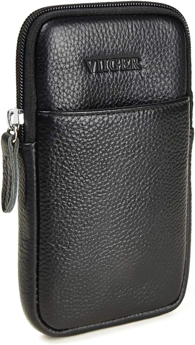 Leather Cell Phone Pouch Cellphone Belt Clip Holster Compatible with iPhone 16 Pro Max 15 Pro Max with Phone Case Dual Pocket Universal Smartphone Belt Loop Pouch Bag for Samsung S25 Ultra