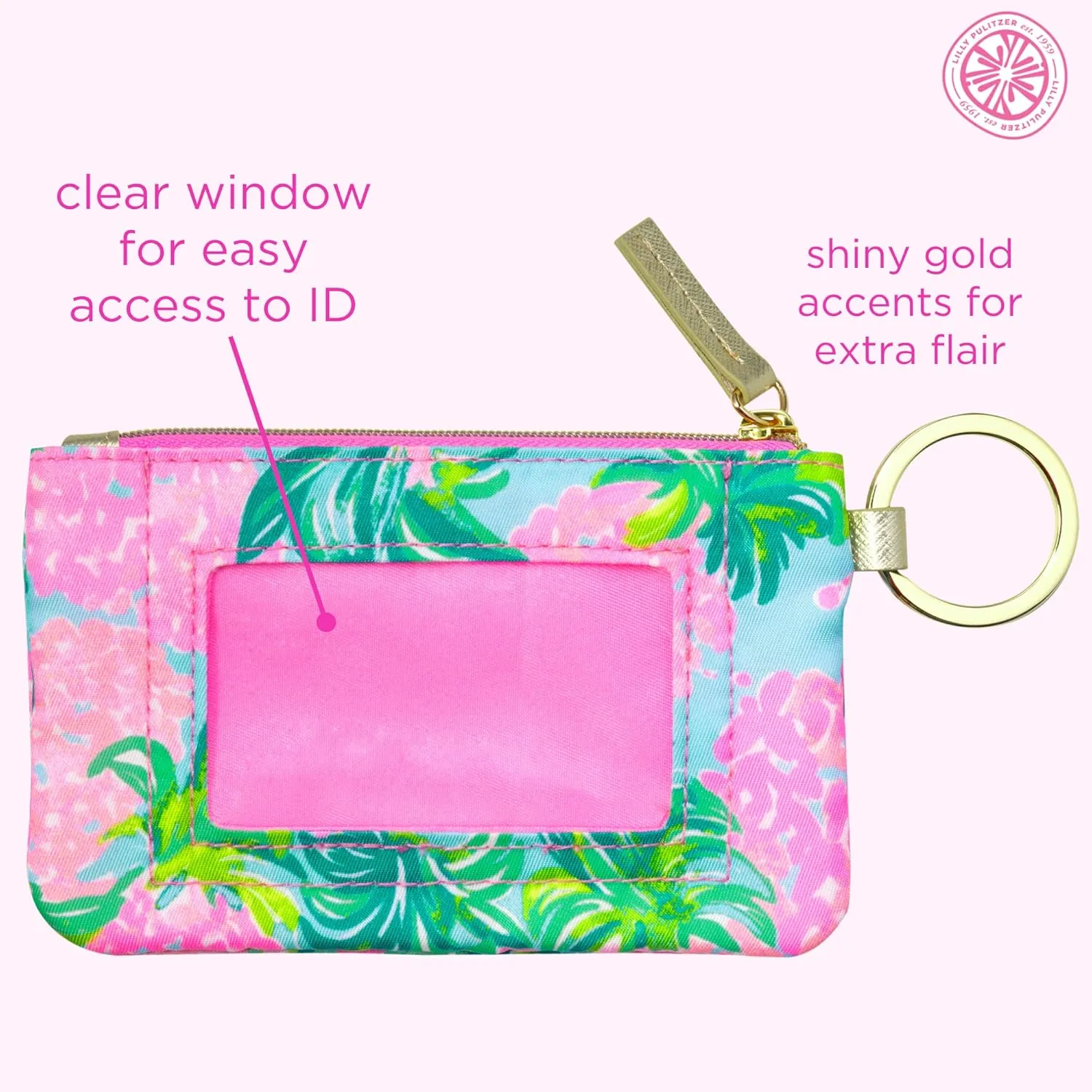 Lilly Pulitzer ID Case Keychain Wallet with Zip Close, Cute Durable Card Holder for Women Teen Girls, Pineapple Shake
