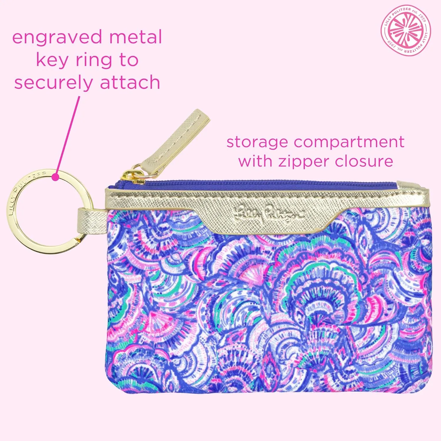 Lilly Pulitzer ID Holder Wallet, Blue Keychain Wallet with Zip Close, Cute Card and ID Case for Women, Happy As A Clam